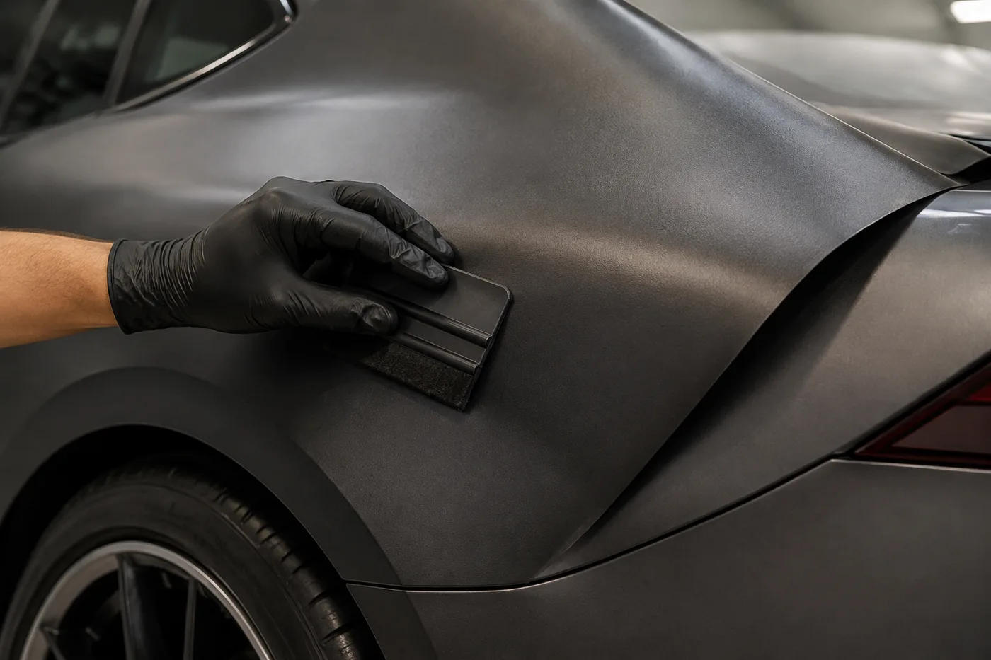 Symbolbild: Matte Fahrzeugfolie wird mit einer Rakel auf eine Karosserie aufgebracht.